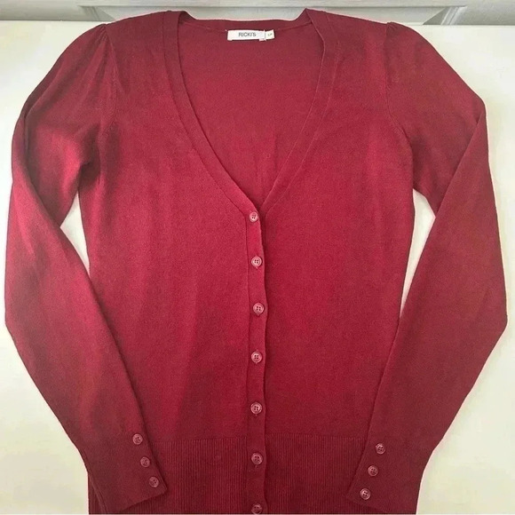 Ricki’s Cardigan  V Neck Button Front Fitted Burgundy Size Small - Picture 14 of 16